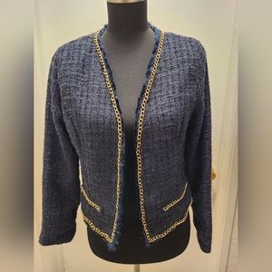 Blue Tweed Jacket with Gold Chain Detail